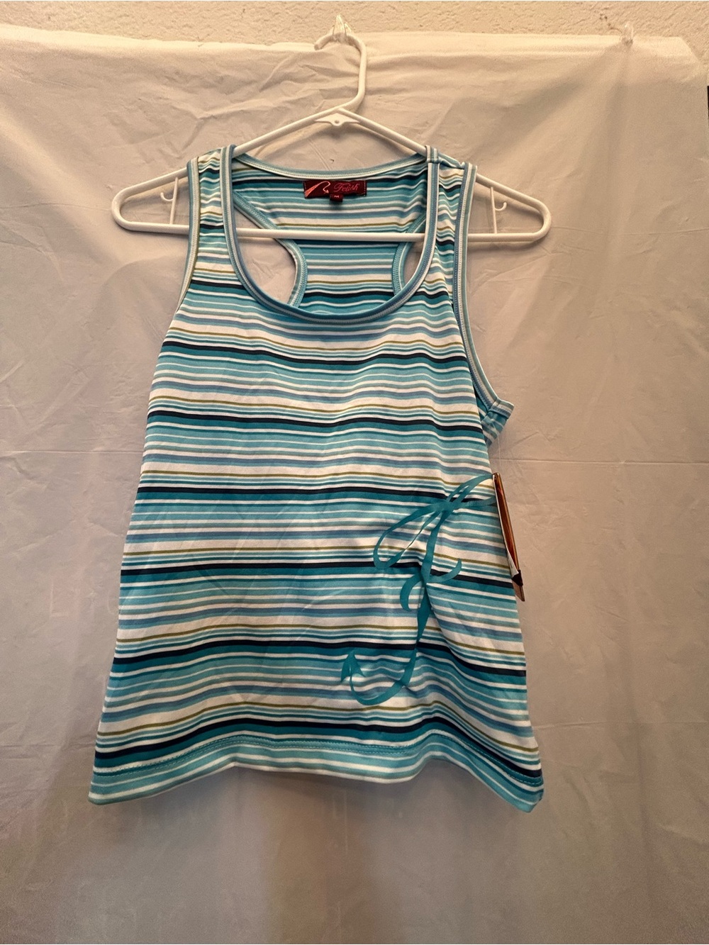 Fetish Junior’s Striped Aqua and White Racerback Tank Top Sz M NWWT